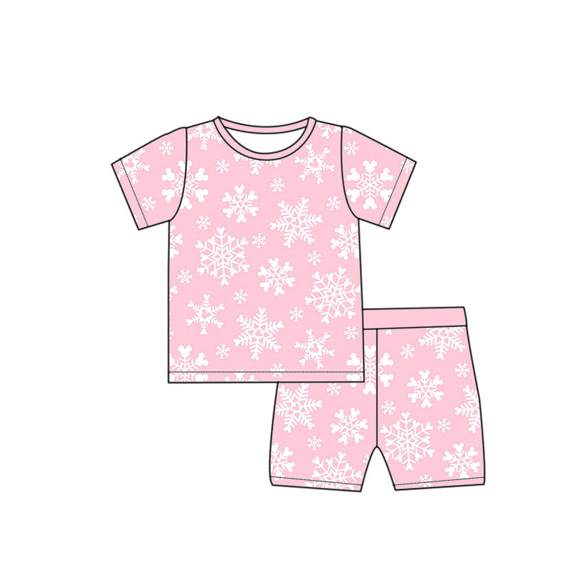*PREORDER* Two Piece Bamboo Shorts Set (Pink x Snowflakes)