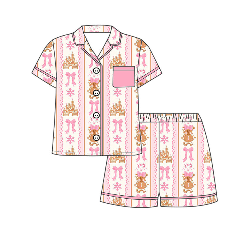 *PREORDER* Holiday Two Piece Button Up Bamboo Shorts Set (Gingerbread x Bows)