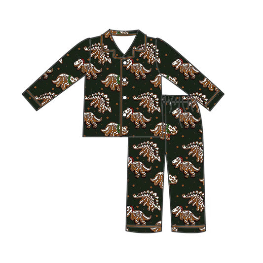 *PREORDER* Holiday Two Piece Button Up Bamboo Long Sleeve Long Pant Set (Gingerbread Dinos)