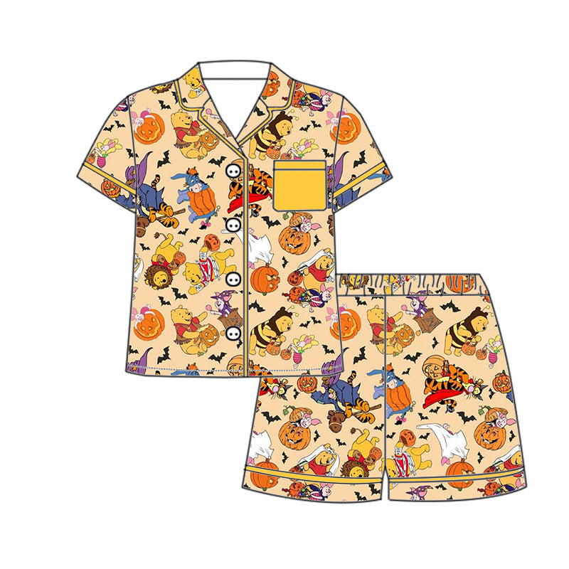 *PREORDER* Women's Two Piece Button Up Bamboo Shorts Set (Spooky Pooh)