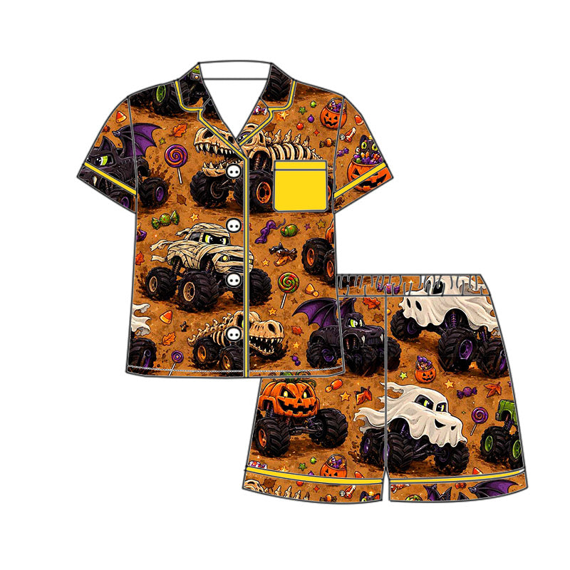 *PREORDER* Women's Two Piece Button Up Bamboo Shorts Set (Spooky Monster Trucks)