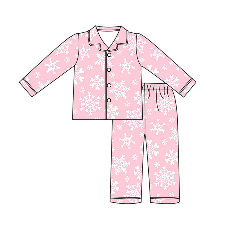 *PREORDER* Holiday Two Piece Button Up Bamboo Long Sleeve Long Pant Set (Pink x Snowflakes)