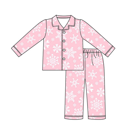*PREORDER* Holiday Two Piece Button Up Bamboo Long Sleeve Long Pant Set (Pink x Snowflakes)