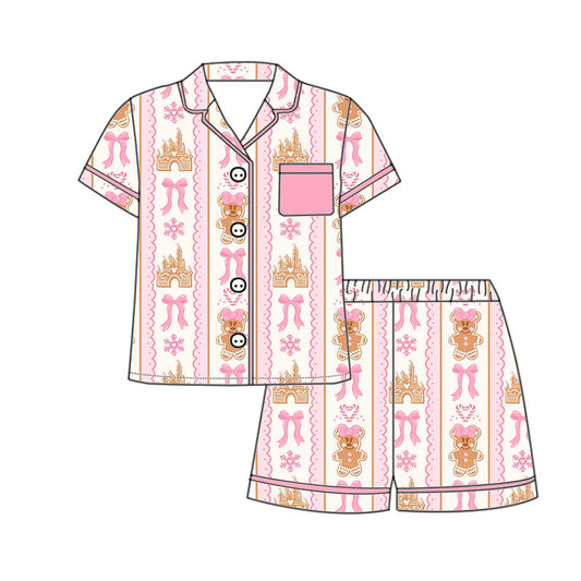 *PREORDER* Holiday Two Piece Button Up Bamboo Shorts Set (Gingerbread x Bows)