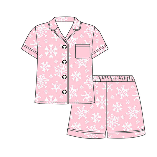 *PREORDER* Holiday Two Piece Button Up Bamboo Shorts Set (Pink x Snowflakes)