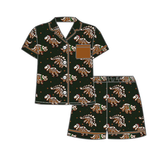 *PREORDER* Holiday Two Piece Button Up Bamboo Shorts Set (Gingerbread Dinos)